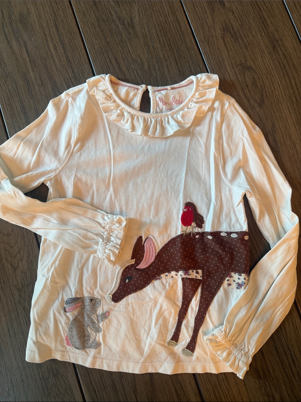 Mini Boden Cream Deer Appliqué Long-Sleeve Top